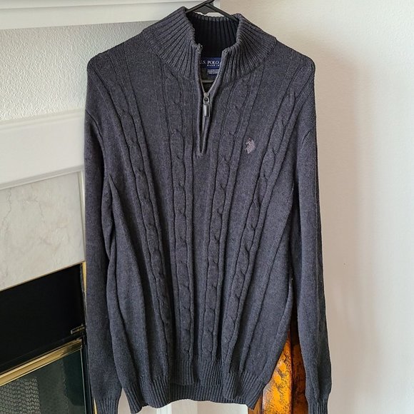 U.S. Polo Association Cable Knit Quarter Zip Sweater Dark Gray Men's Sz L - Picture 1 of 7